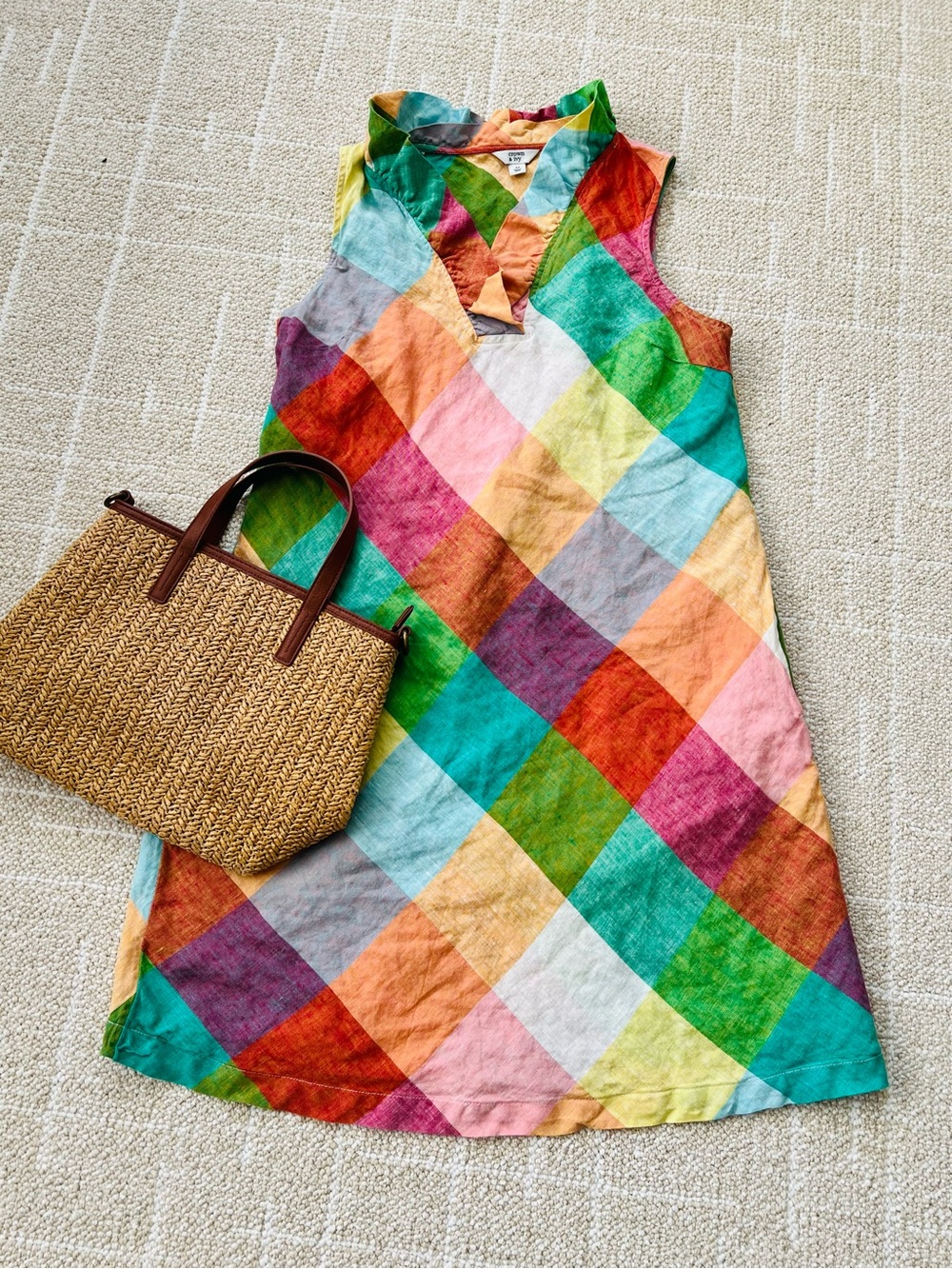 Lovely crown & ivy Sleeveless Plaid Mini Linen Dress with Pockets